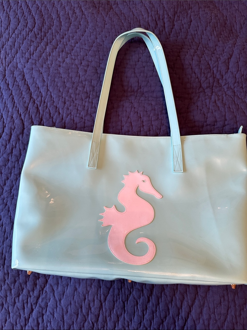 Light Blue Tote Bag with Pink Seahorse Accent